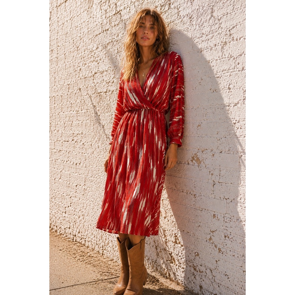 Vintage 70s Red Wrap Dress Midi Long Sleeve Retro Womens S‎